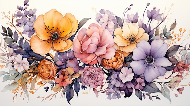Flor em aquarela Ilustração pintada à mão com flores e folhas