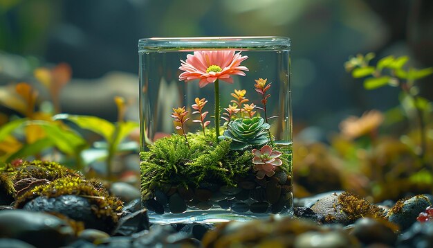 Foto flor envuelta en una caja de vidrio con musgo en el interior