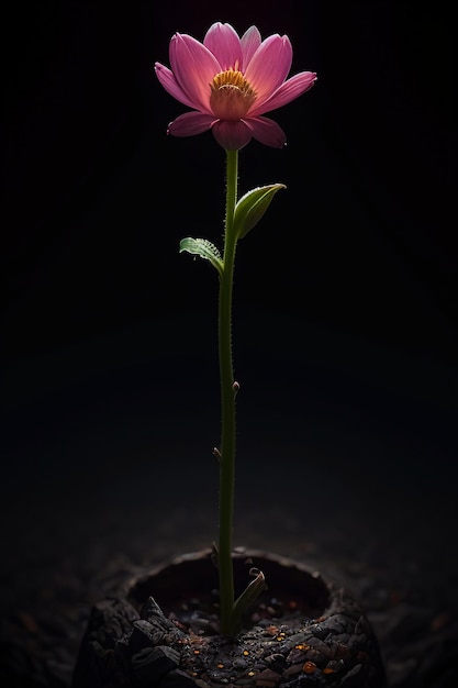 Una flor está creciendo en una maceta con una luz brillando sobre ella.