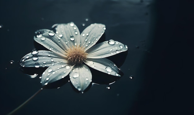 una flor está flotando en el agua con gotas de agua