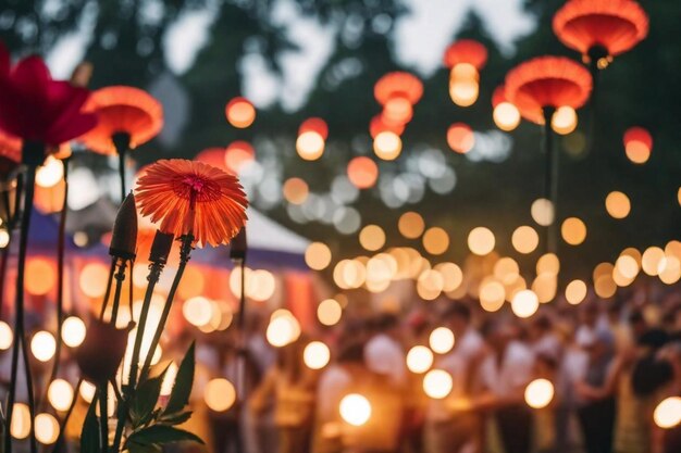 una flor está frente a una gran multitud de personas