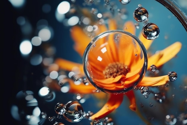 Una flor está rodeada de burbujas de aire y las gotas de agua flotan.