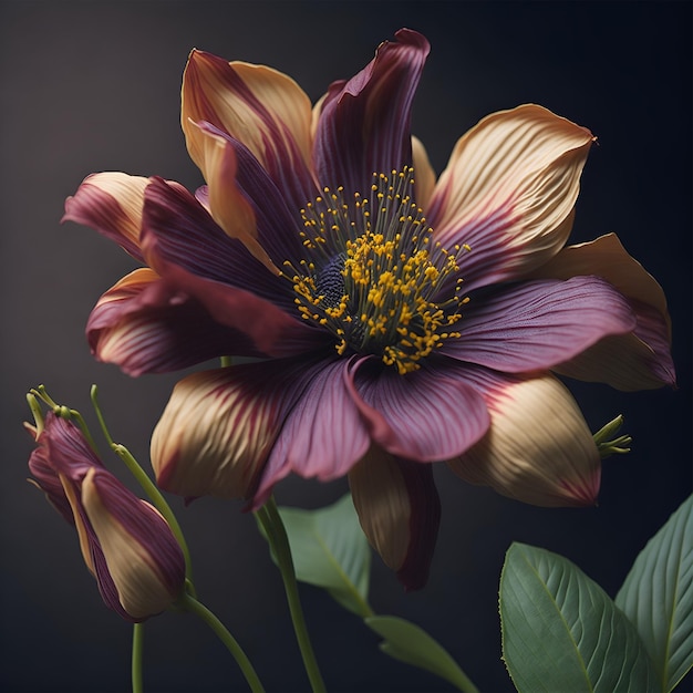 Una flor con estambres amarillos y un fondo oscuro.