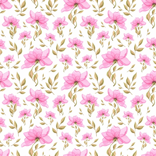 Flor estilizada delicada rosa con hojas verdes Patrón sin fisuras sobre un fondo blanco primavera luz simple Acuarela Para telas textiles papel pintado papel scrapbooking ropa