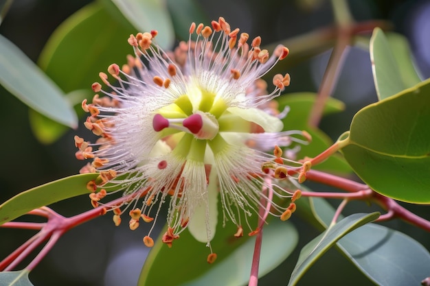 Flor de eucalipto estallando en flor con los capullos visibles