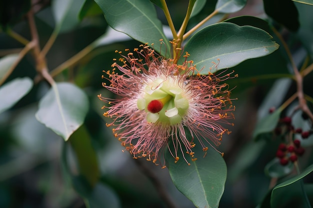 Flor de eucalipto que florece en verano rodeada de exuberante vegetación