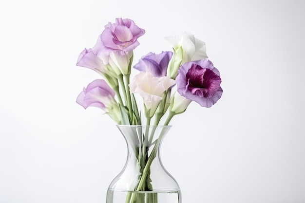 Flor de eustoma en jarrón sobre fondo blanco primer plano