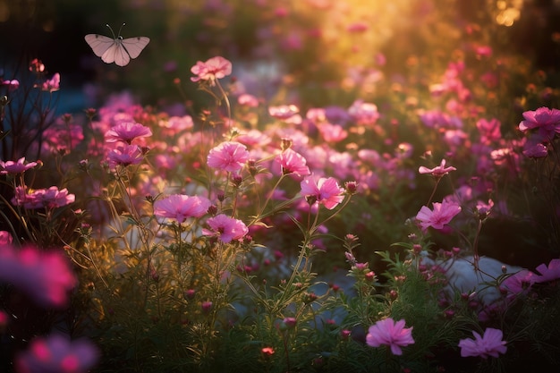 Flor exuberante con mariposas en el jardín sereno generativo IA