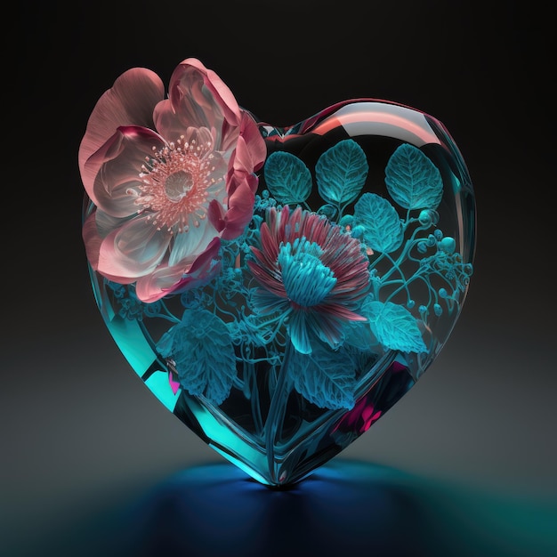 Flor floral em vidro de diamante de coração 3d com cristal ciano e rosa criado com IA generativa