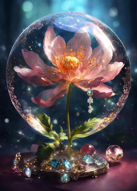 una flor floreciendo con joyas dentro de una burbuja flotante