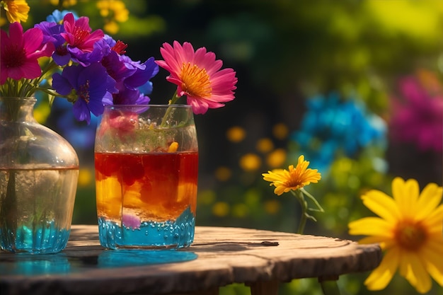 Una flor floreciente al lado de una bebida colorida en un vaso