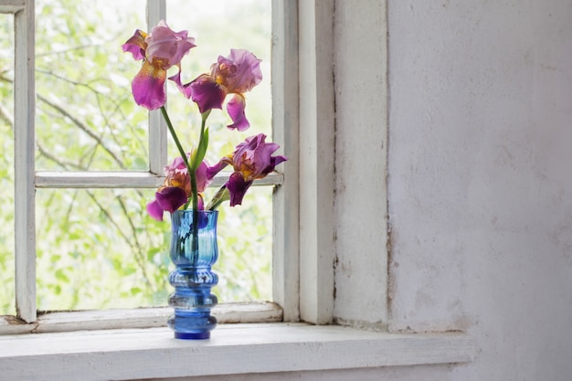 Flor en florero azul en el alféizar de la ventana