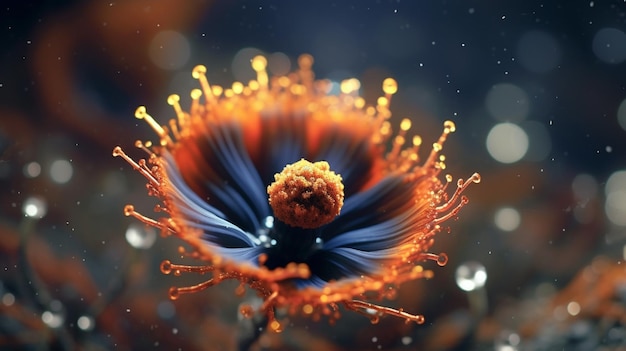 Una flor con un fondo azul y naranja.
