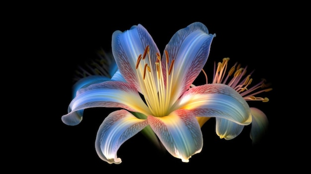 Una flor con un fondo de colores del arco iris.