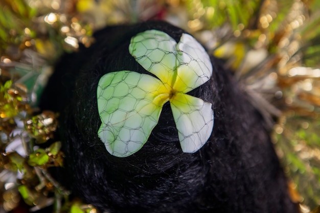 La flor de Frangipani en la cabeza de una bailarina balinesa