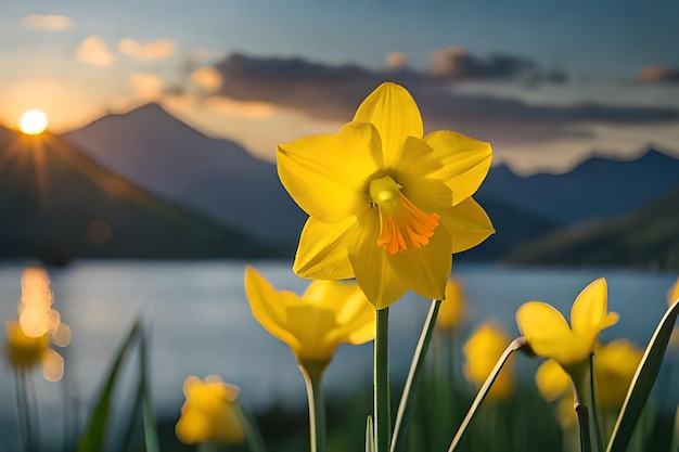 Una flor frente a una montaña con un atardecer de fondo