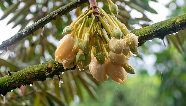 Foto flor fresca de durian y capullos en el árbol