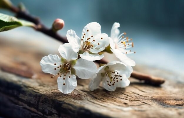 Una flor fresca está sobre una superficie de madera blanca.