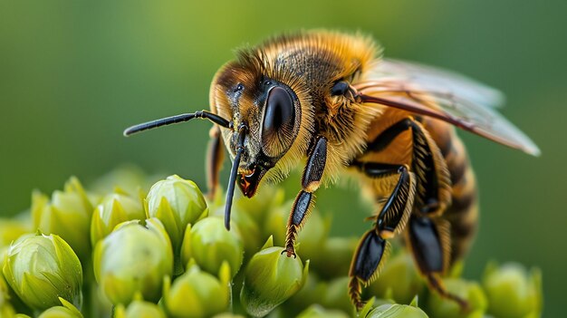 Foto de la flor a la fruta una abeja en acción recogiendo polen