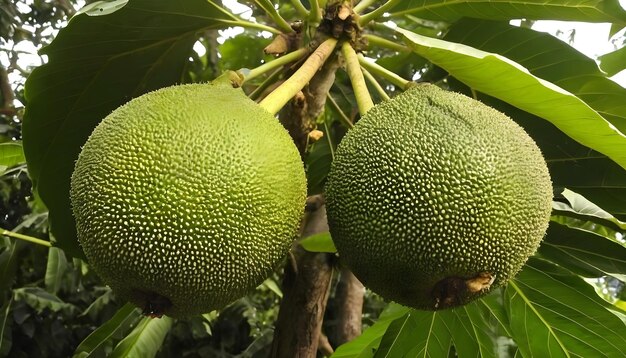 La flor del fruto del pan en el árbol