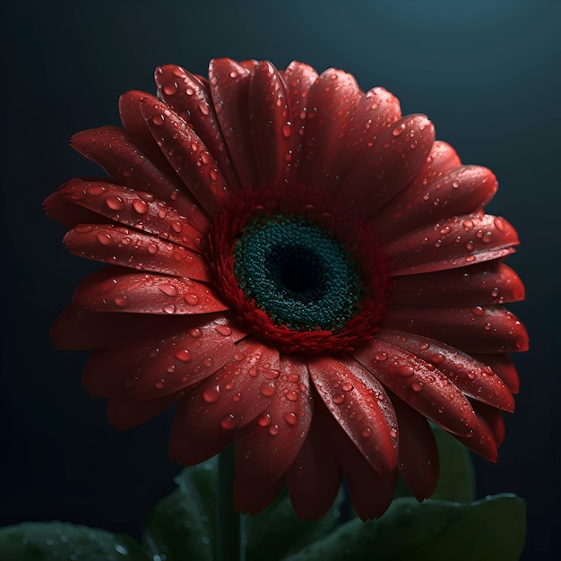 Flor de gerbera roja con gotas de rocío sobre un fondo oscuro