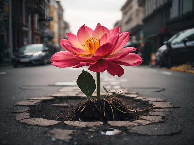 una flor gigante creciendo en el medio de una calle