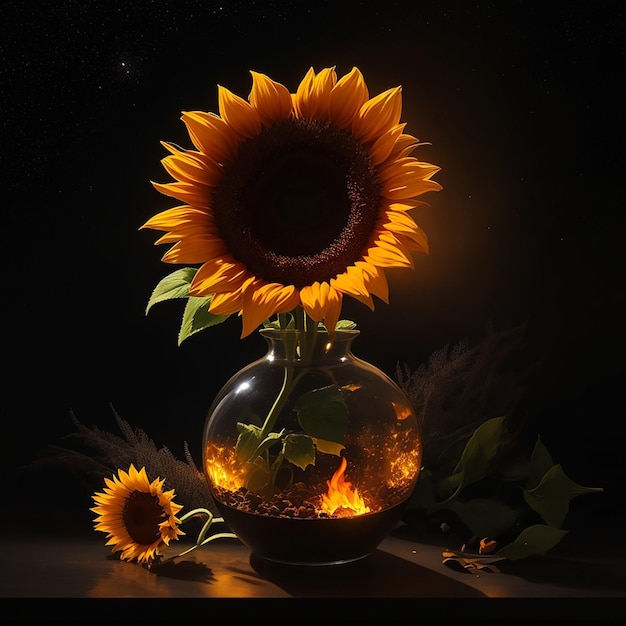 Flor de girasol en llamas en un jarrón escena nocturna de luna oscura en el fondo generada por la IA