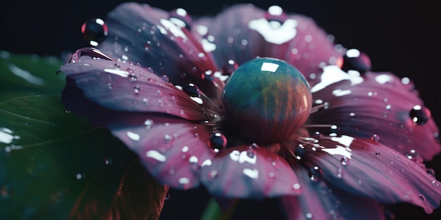 Una flor con una gota de agua sobre ella.