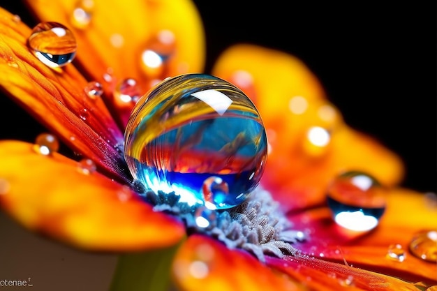 Una flor con una gota de agua sobre ella.