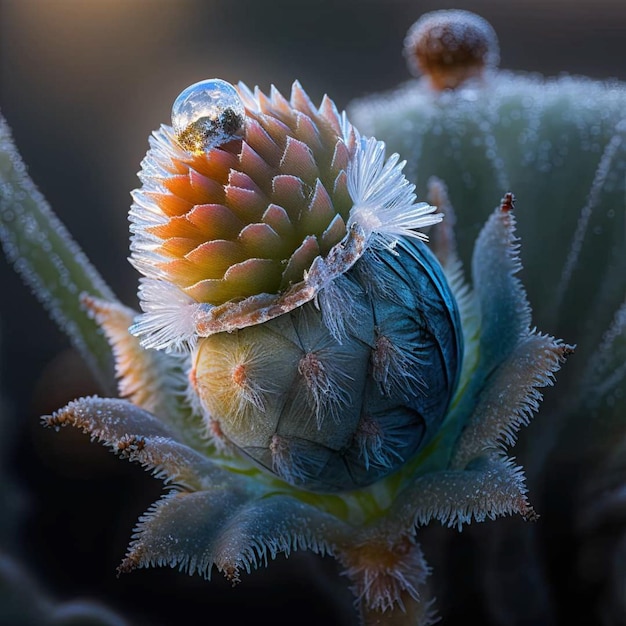 Una flor con una gota de agua sobre ella.