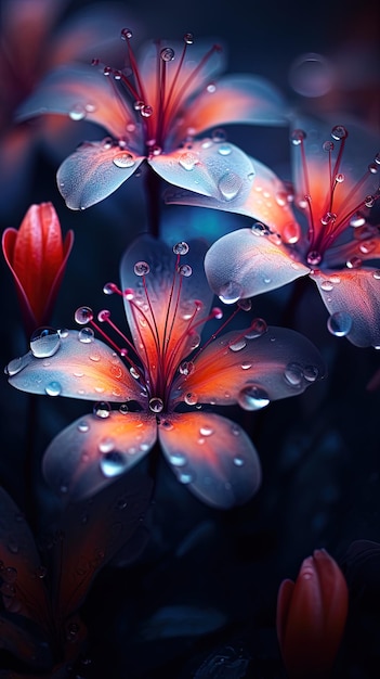 una flor con gotas de agua que está en ella