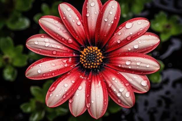 una flor con gotas de agua sobre ella y gotas de agua sobre los pétalos.