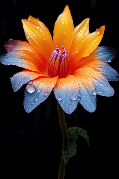 una flor con gotas de agua sobre ella y las gotas de lluvia sobre ella