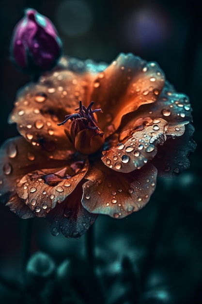 Una flor con gotas de agua