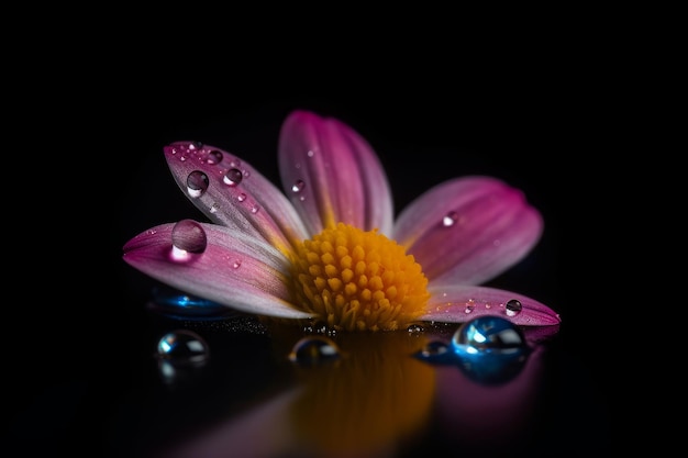 Una flor con gotas de agua