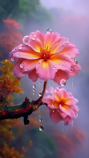 Una flor con gotas de agua