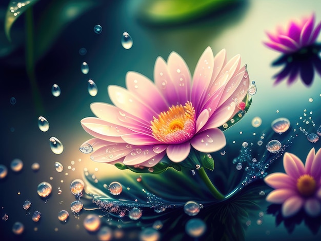 Una flor con gotas de agua