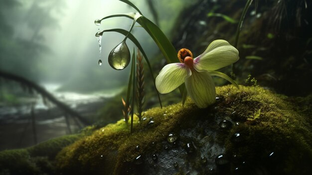 Una flor con gotas de lluvia