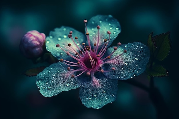 Una flor con gotas de lluvia