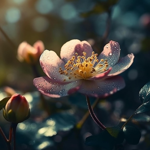 Una flor con gotitas de agua está a la luz del sol.