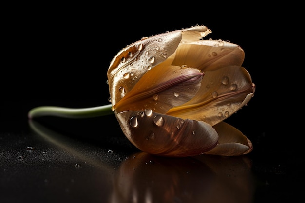 Una flor con gotitas de agua está sobre un fondo negro.