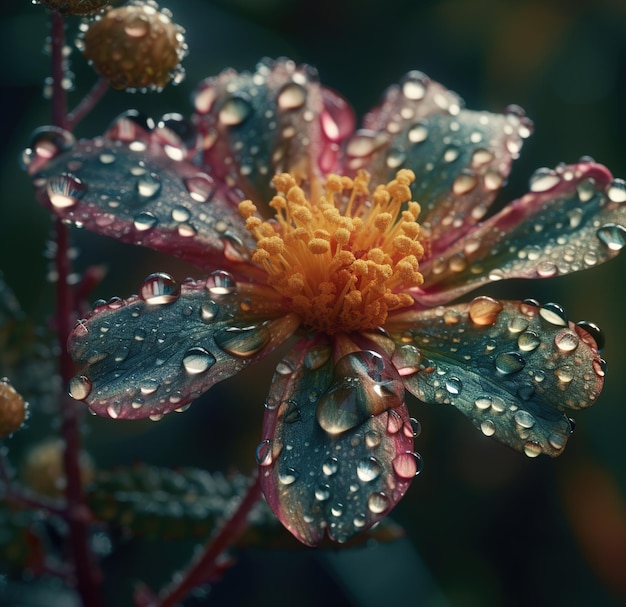 Una flor con gotitas de agua