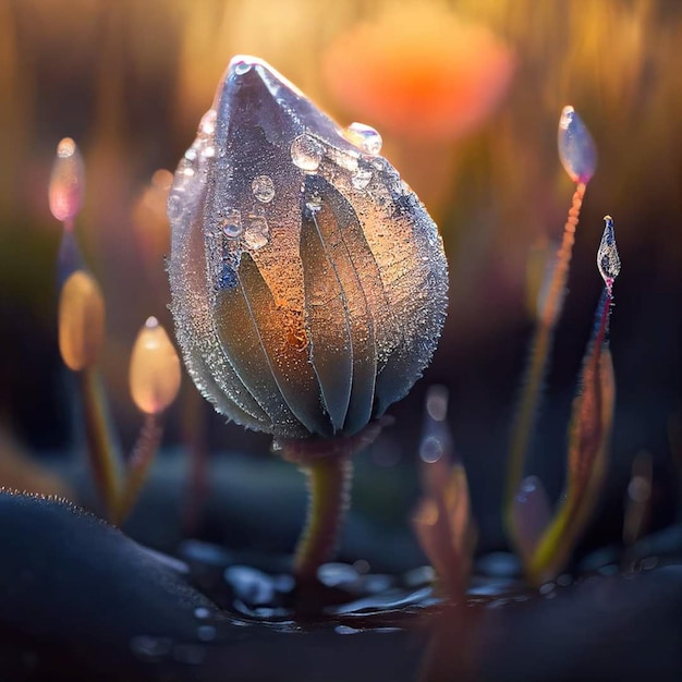 Una flor con gotitas de agua