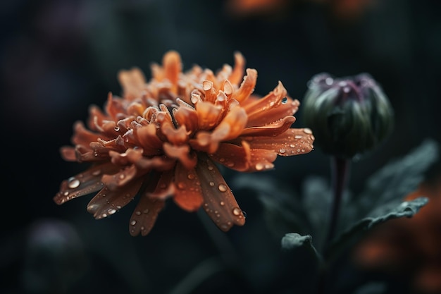 Una flor con gotitas de agua