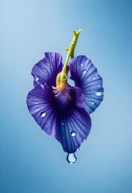 una flor de guisante mariposa púrpura con gotas de agua colgando de ella