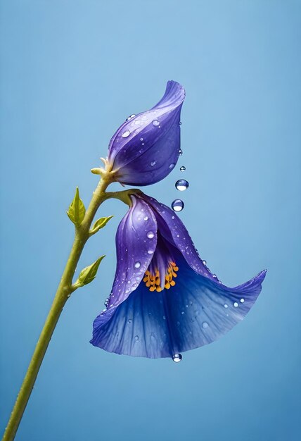 una flor de guisante mariposa violeta con gotas de agua en ella