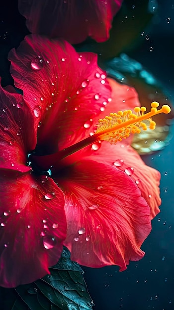 Flor de hibisco con gotas de agua con salida de sol de fondo aleatorio Generar Ai