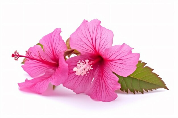 Una flor de hibisco rosa con hojas verdes sobre un fondo blanco.