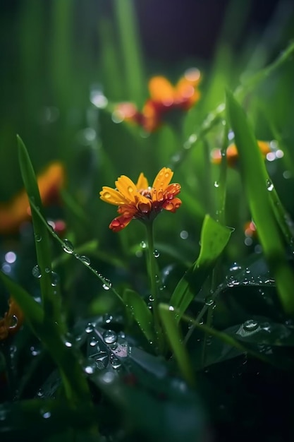 Una flor en la hierba con gotas de agua sobre ella