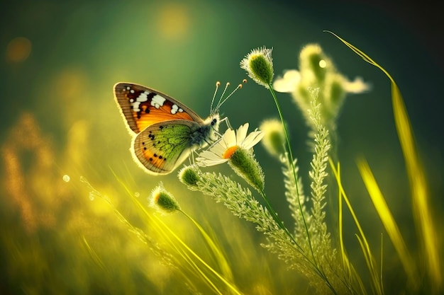 Flor de hierba con hermosa mariposa sobre fondo verde borroso